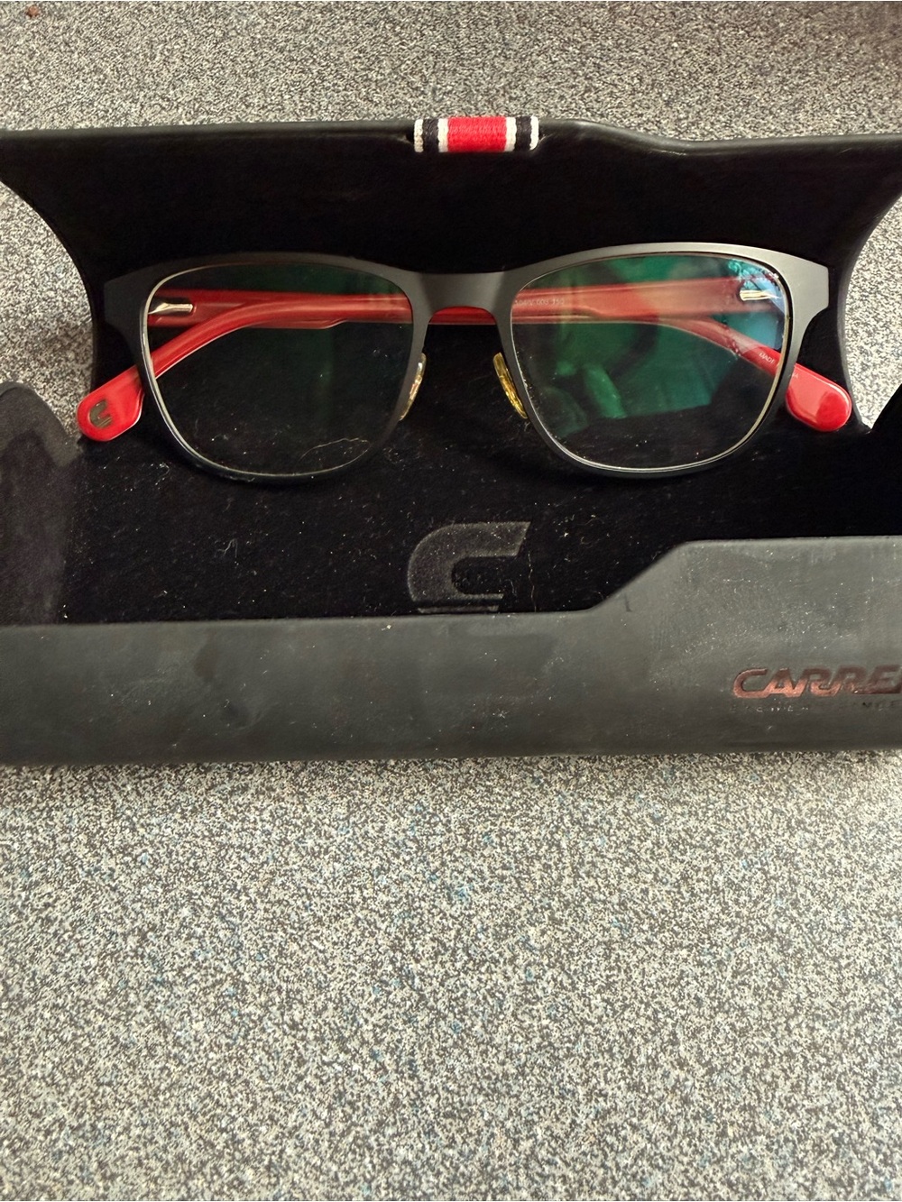 Carrera Matte Black Frames with Red Temples blue light readers +1.00